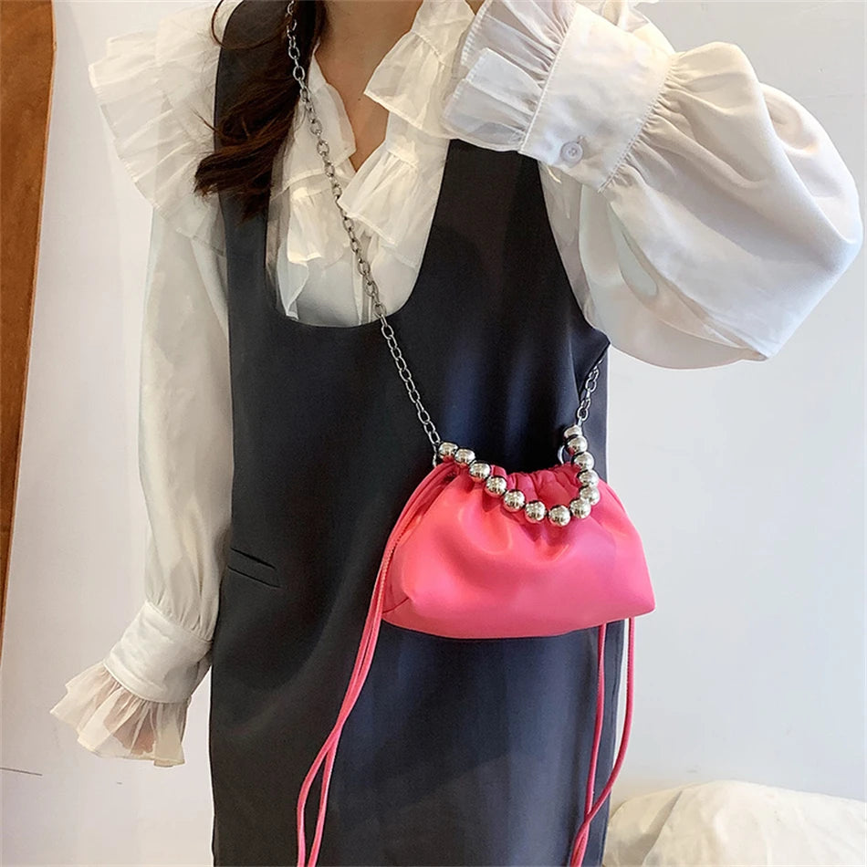 Women's Leather Cloud Bag Beaded Short Handle Shoulder Crossbody Bag