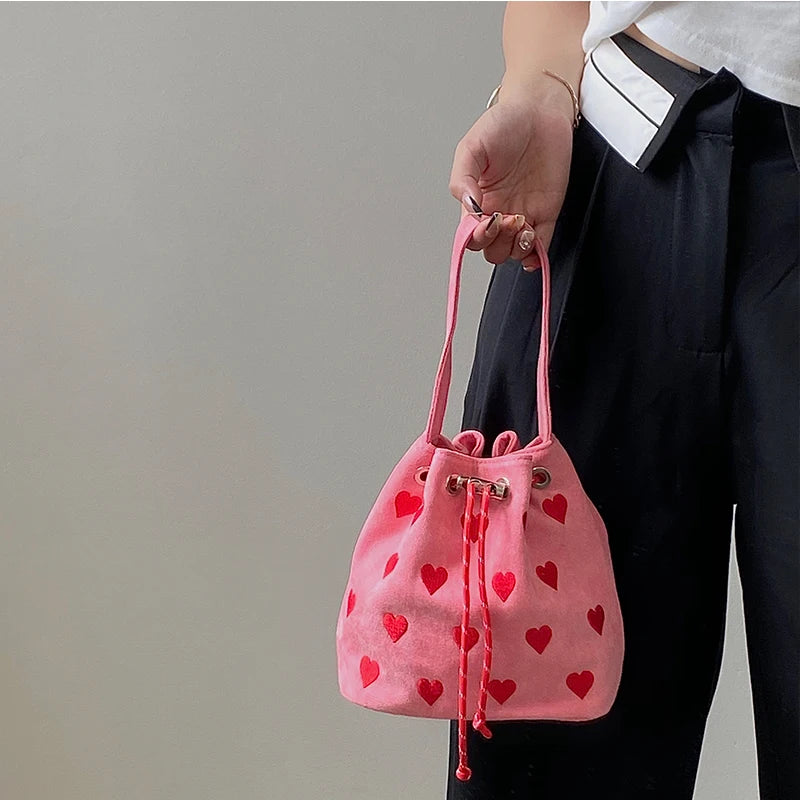 Embroidered Heart Bucket Shoulder Bag Pink Small Messenger Bag