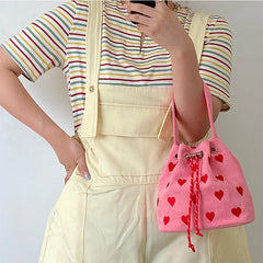 Embroidered Heart Bucket Shoulder Bag Pink Small Messenger Bag