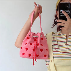 Embroidered Heart Bucket Shoulder Bag Pink Small Messenger Bag
