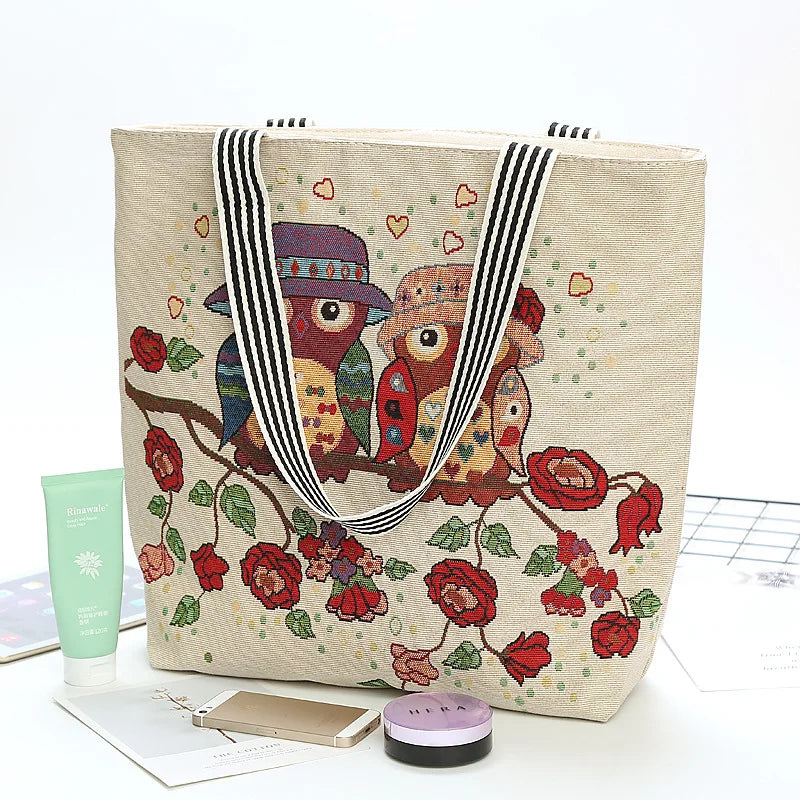 Owl Pattern Shoulder Bag Canvas Handbag for College Students