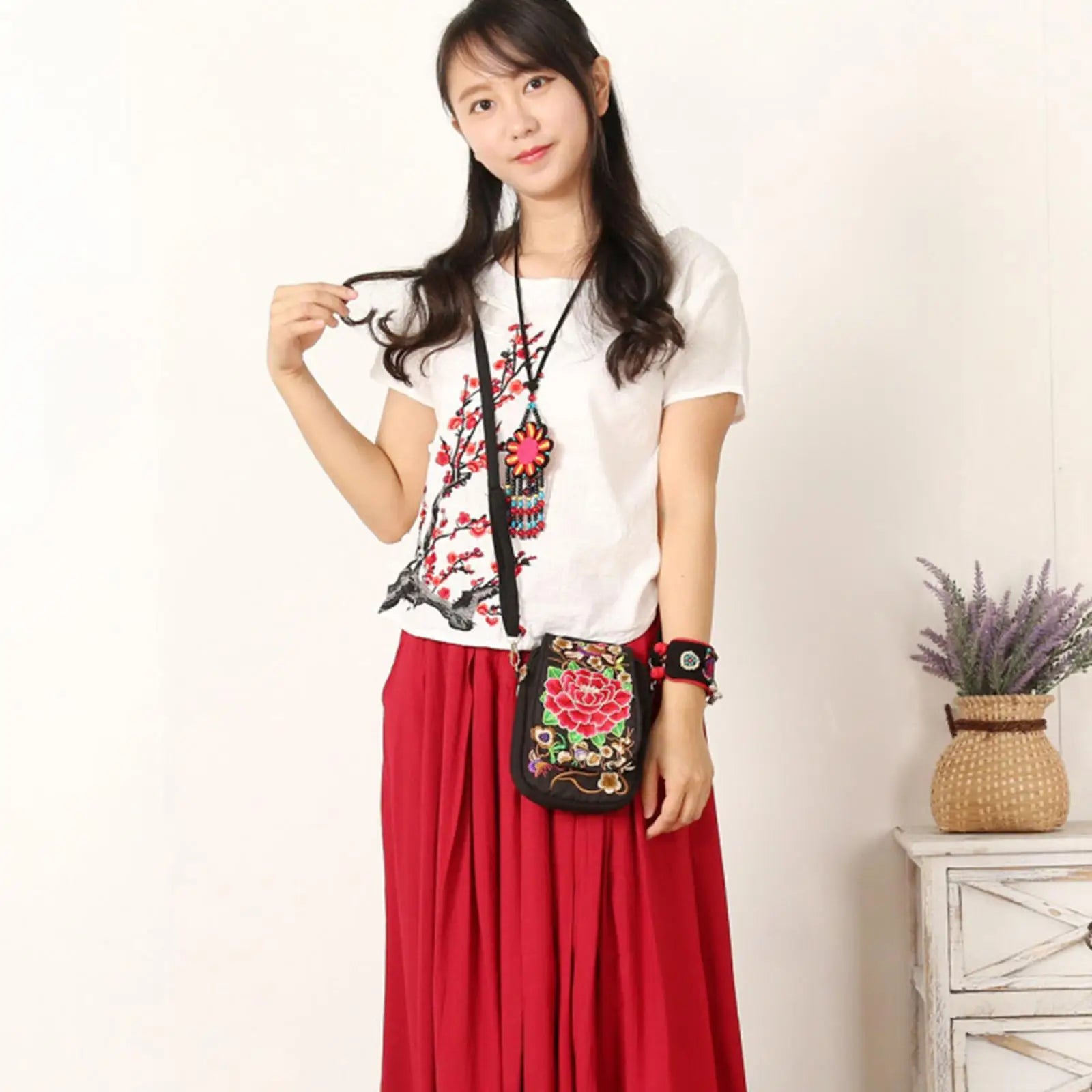 Embroidered Peony Pattern Shoulder Bag