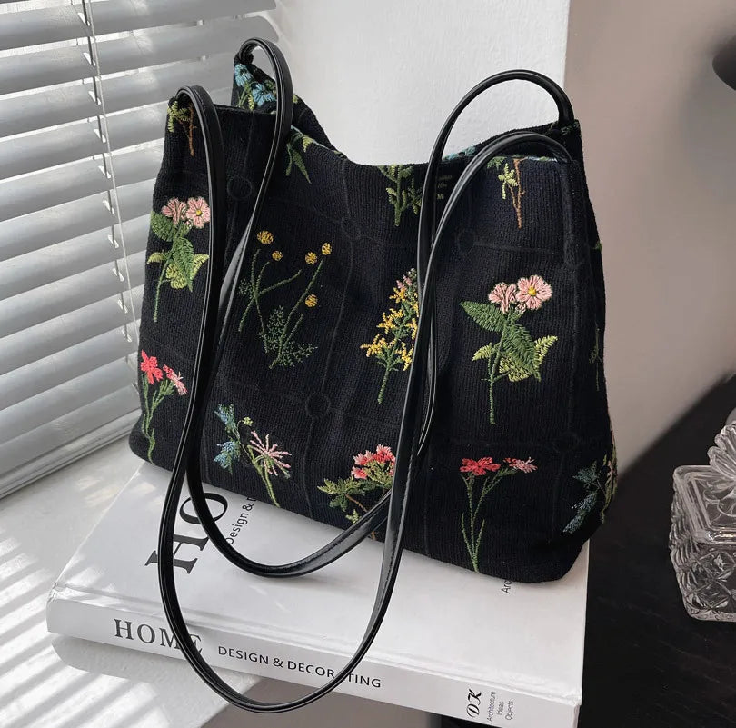 Large Flowers Tote Bag for Women Embroidery Canvas Purse Handbag