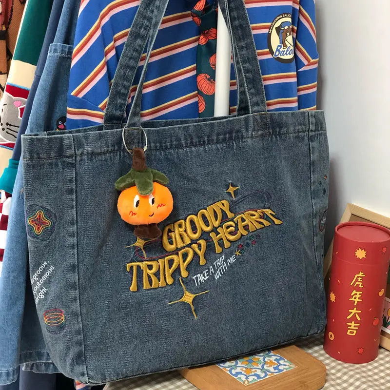 Embroidery Casual Tote Shoulder Bags Canvas Jeans Messenger Bags