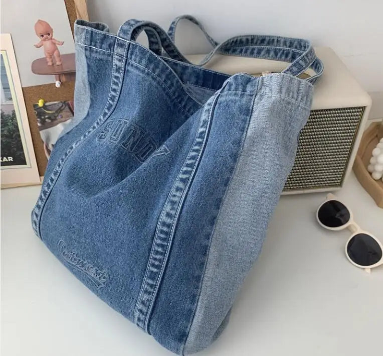 Embroidery Casual Tote Shoulder Bags Canvas Jeans Messenger Bags Soft Student La