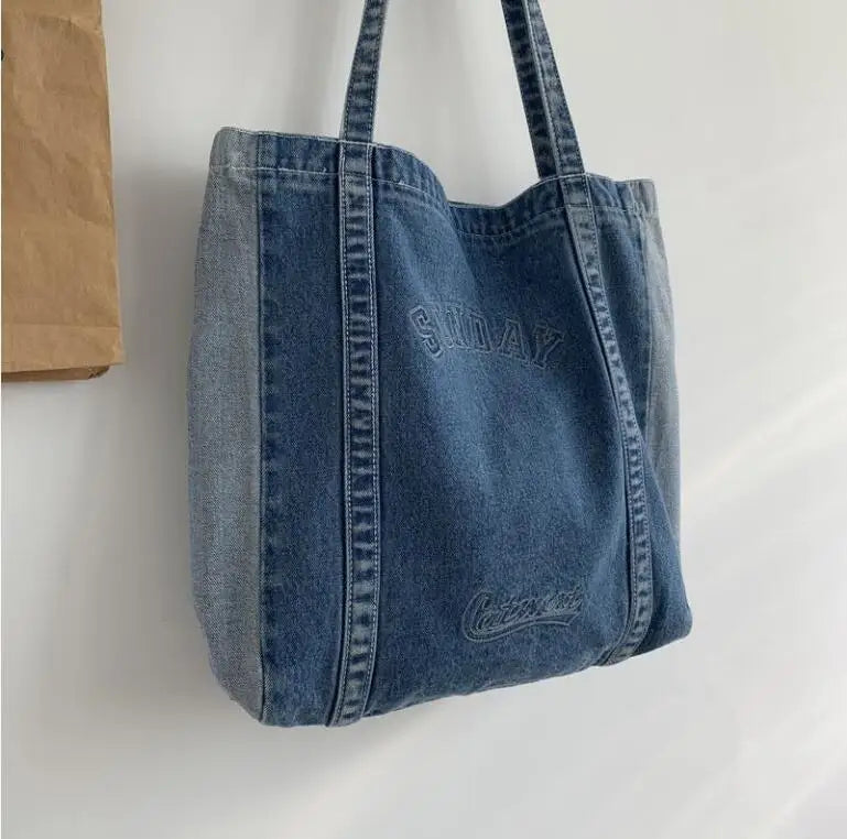 Embroidery Casual Tote Shoulder Bags Canvas Jeans Messenger Bags Soft Student La