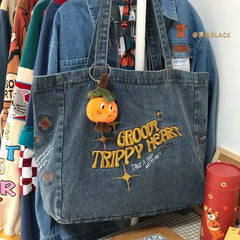 Embroidery Casual Tote Shoulder Bags Canvas Jeans Messenger Bags