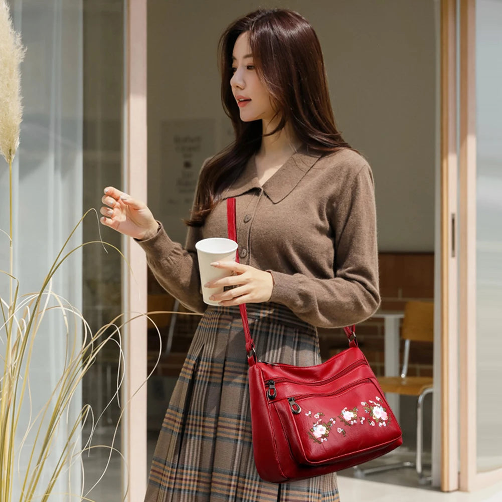 Embroidery Flower Pattern Crossbody Bag Women Shopping Shoulder Bags