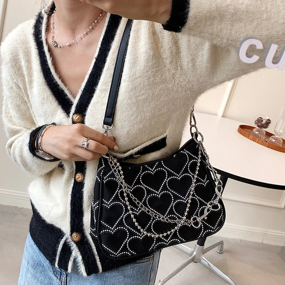 Embroidery Heart Pattern Underarm Bag Chain Tote