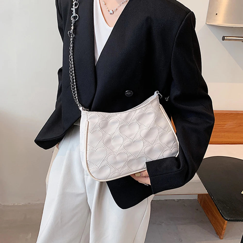 Embroidery Heart Pattern Underarm Bag Chain Tote