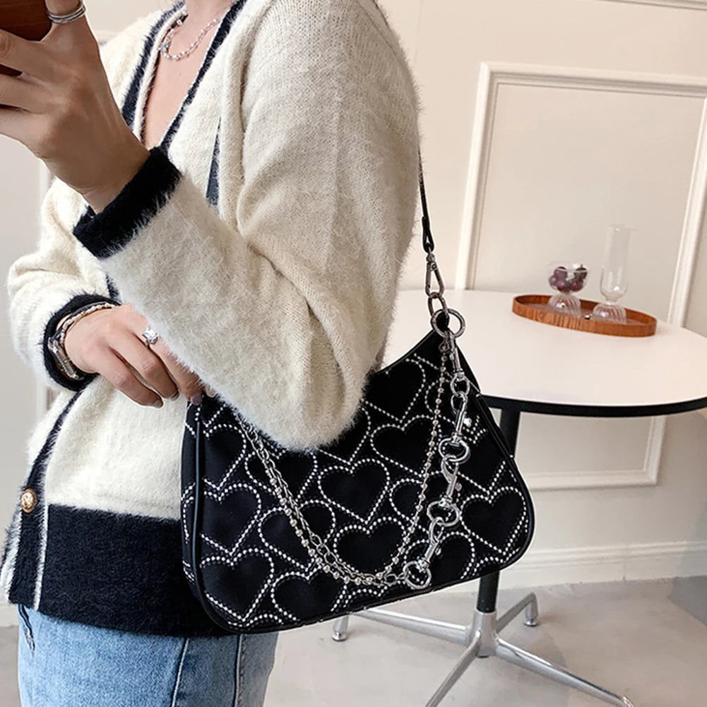 Embroidery Heart Pattern Underarm Bag Chain Tote