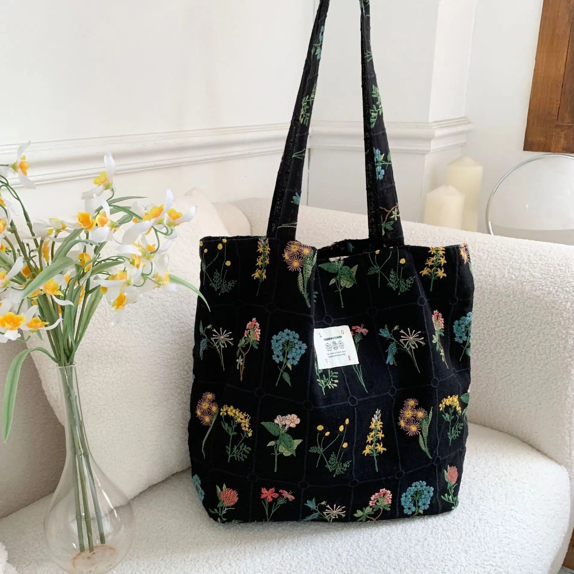 Embroidery Plants Women's Shoulder Bag Retro Flower Large Shopping Tote