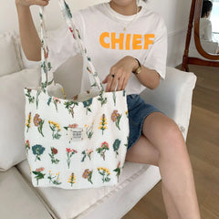 Embroidery Plants Women's Shoulder Bag Retro Flower Large Shopping Tote