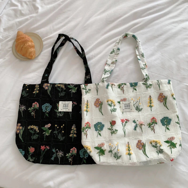 Embroidery Plants Women's Shoulder Bag Retro Flower Large Shopping Tote