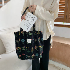 Embroidery Plants Women's Shoulder Bag Retro Flower Large Shopping Tote