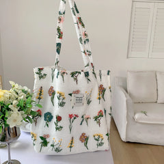 Embroidery Plants Women's Shoulder Bag Retro Flower Large Shopping Tote