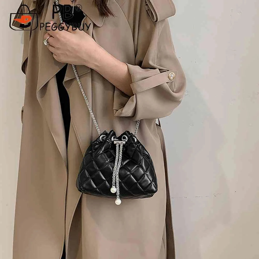 Embroidery Thread PU Small Handbags Women Chain Bucket Clutch Purse Shoulder Bag