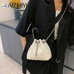 Embroidery Thread PU Handbags Chain Bucket Clutch Purse Shoulder Bag
