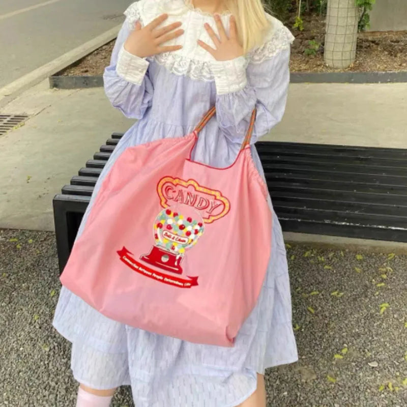 Embroidery Shopping Bag Women Handbag Nylon Portable Shoulder Bag