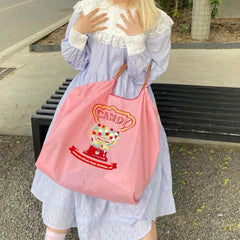 Embroidery Shopping Bag Women Handbag Nylon Portable Shoulder Bag