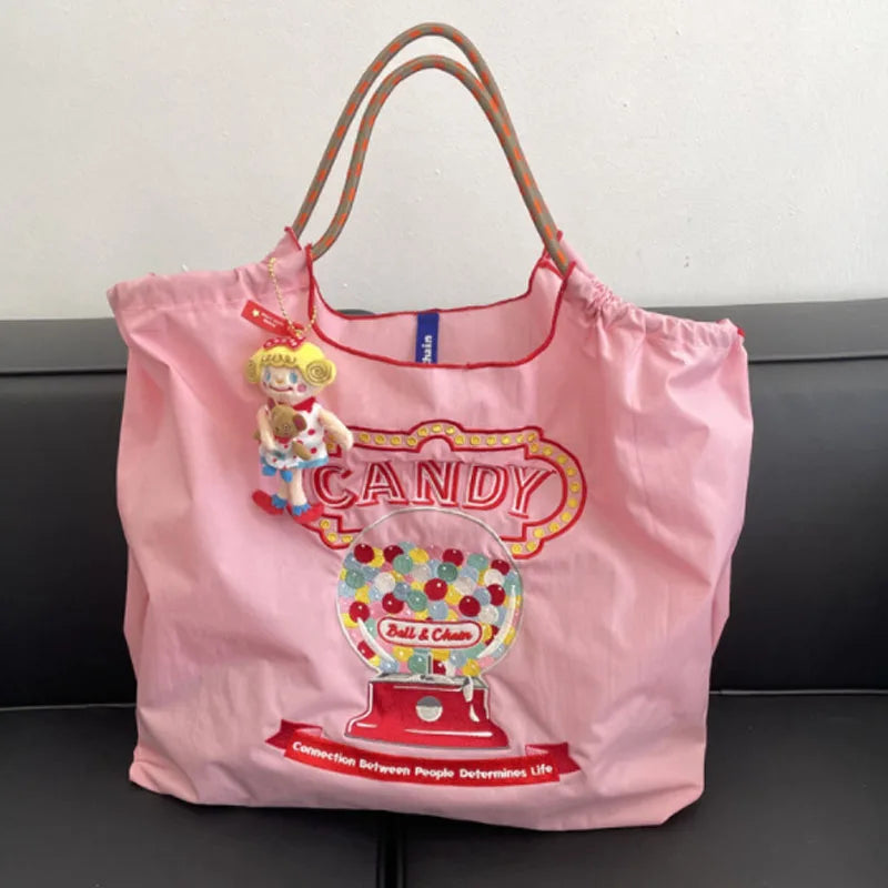Embroidery Shopping Bag Women Handbag Nylon Portable Shoulder Bag