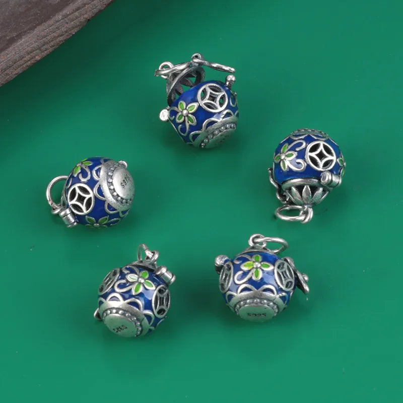 Ethnic 925 Sterling Silver Flower Pendant Retro Enamel Sachet Fragrance Bag