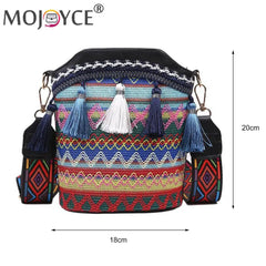 Ethnic Style Women Wide Strap Shoulder Crossbody Bucket Bag