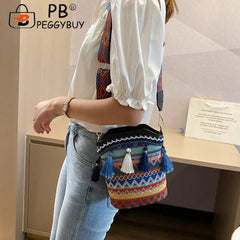 Ethnic Style Wide Strap Shoulder Bucket Bag