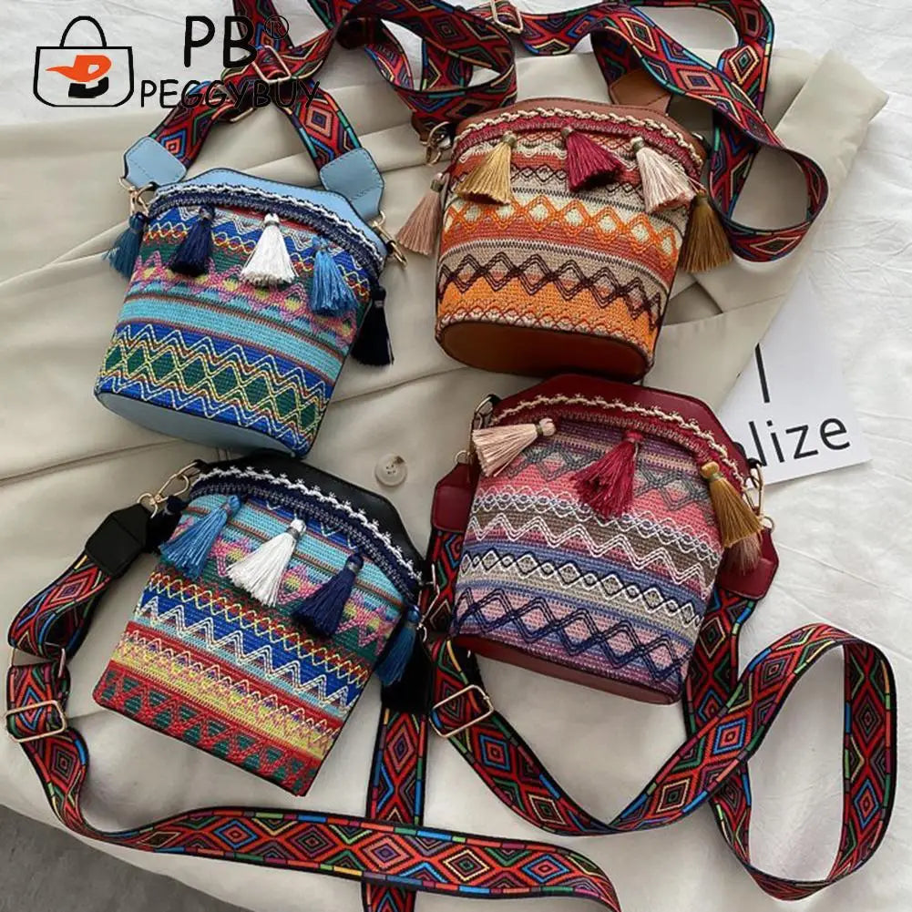 Ethnic Style Wide Strap Shoulder Bucket Bag