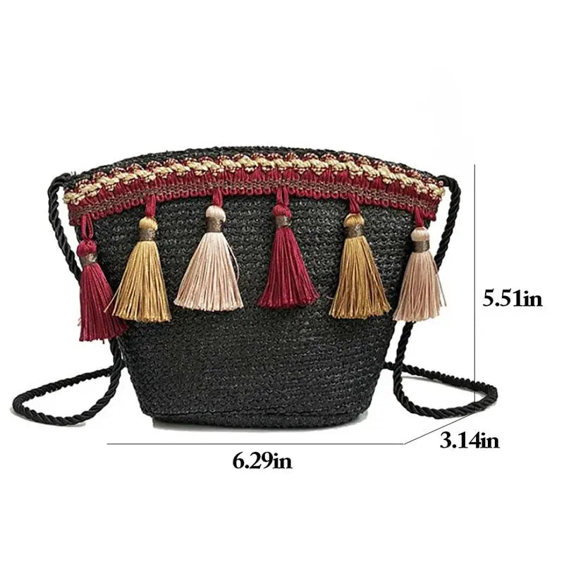 Ethnic Tassel Rattan Crossbody Bags Straw Bucket Bags Casual Retro Women Handbag