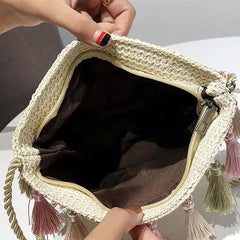 Ethnic Tassel Rattan Crossbody Bags Straw Bucket Bags Casual Retro Women Handbag