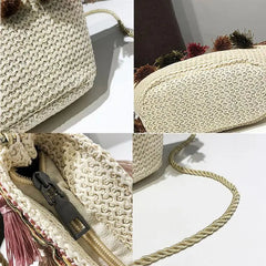 Ethnic Tassel Rattan Crossbody Bags Straw Bucket Bags Casual Retro Women Handbag