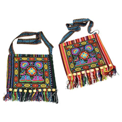 Ethnic Tribal Embroidered Shoulder Bag Zipper Closure Tassel Bags