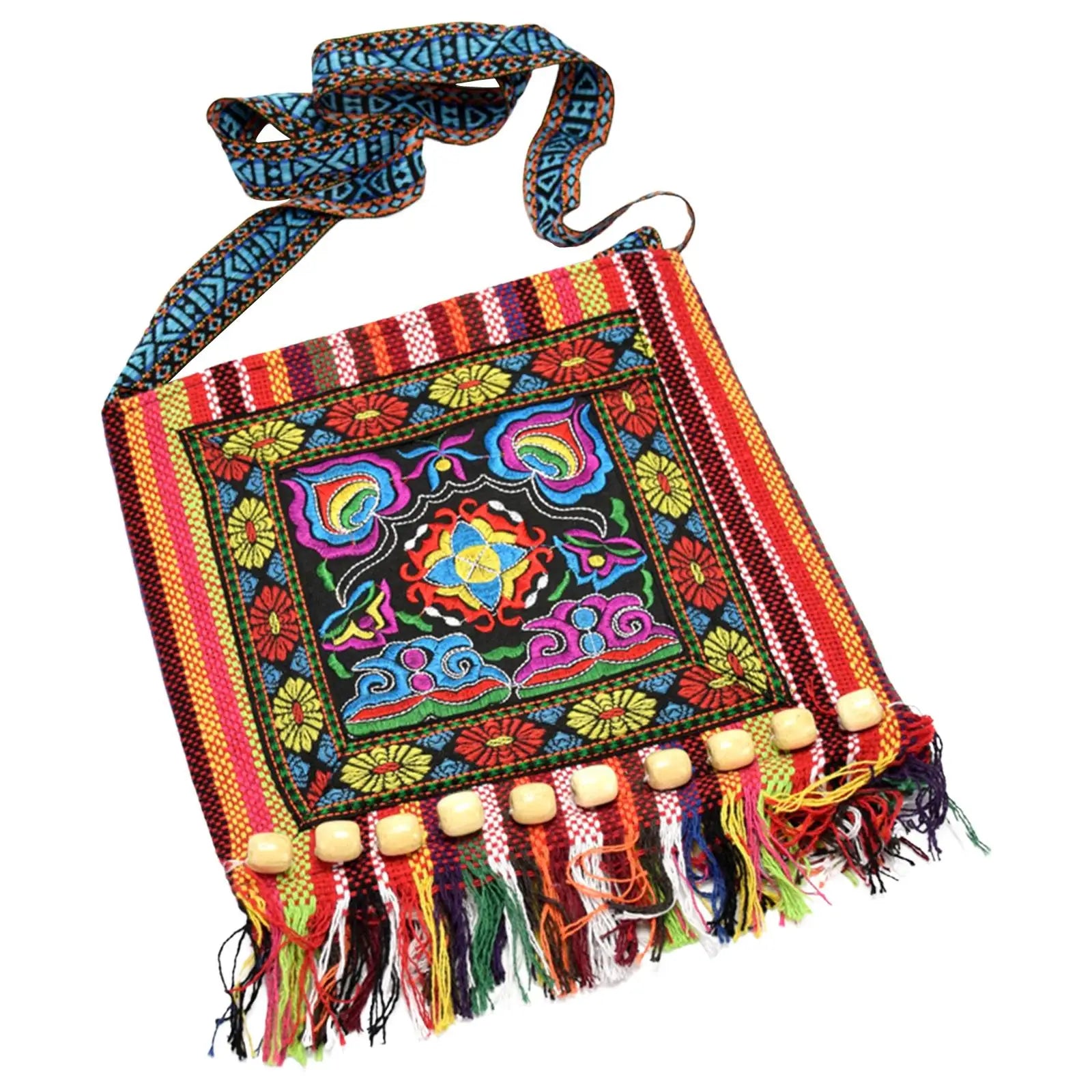 Ethnic Tribal Embroidered Shoulder Bag Zipper Closure Tassel Bags