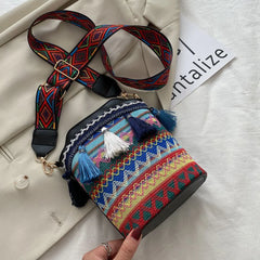 Ethnic Women Shoulder Crossbody Bag with Woven Tassels