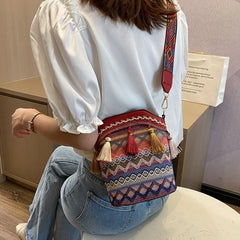 Ethnic Women Shoulder Crossbody Bag with Woven Tassels