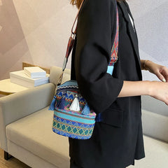 Ethnic Women Shoulder Crossbody Bag with Woven Tassels