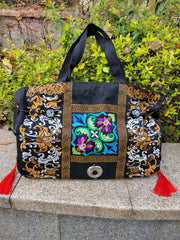Ethnic Embroidered Canvas Crossbody Shoulder Bag with Tassel
