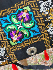 Ethnic Embroidered Canvas Crossbody Shoulder Bag with Tassel