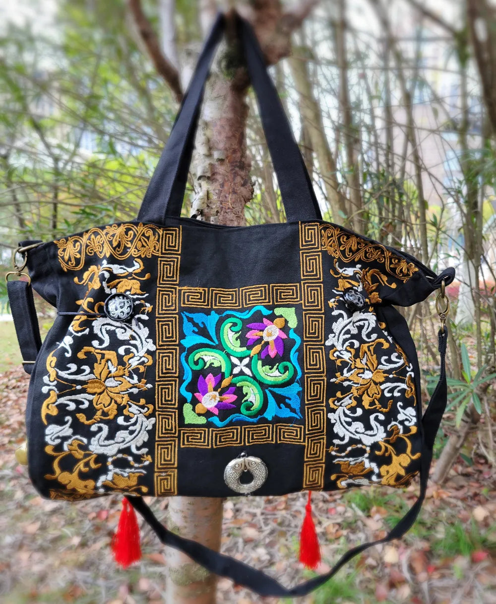 Ethnic Embroidered Canvas Crossbody Shoulder Bag with Tassel