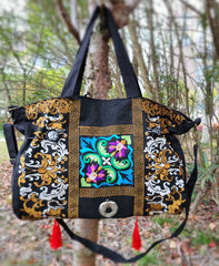 Ethnic Embroidered Canvas Crossbody Shoulder Bag with Tassel