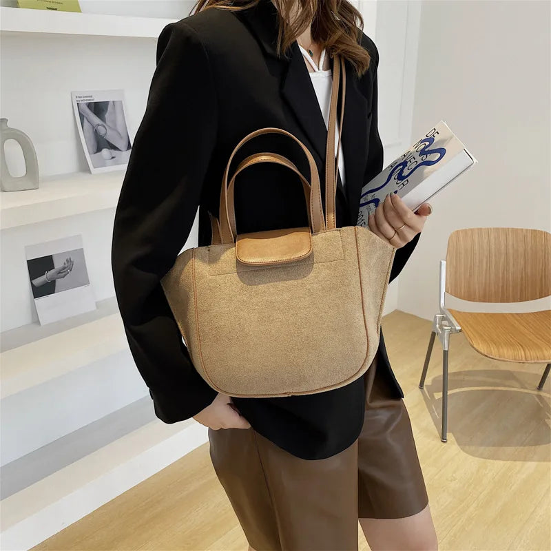 European Women's Handbags Suede PU Spliced Wing Bag Trapeze Bucket Purses