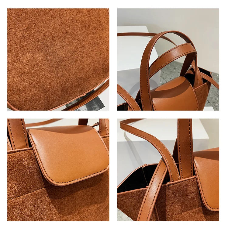 European Women's Handbags Suede PU Spliced Wing Bag Trapeze Bucket Purses