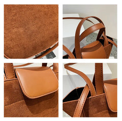European Women's Handbags Suede PU Spliced Wing Bag Trapeze Bucket Purses