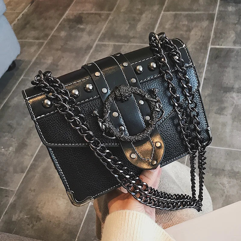European Style PU Leather Women's Handbag with Rivet Lock and Chain Shoulder