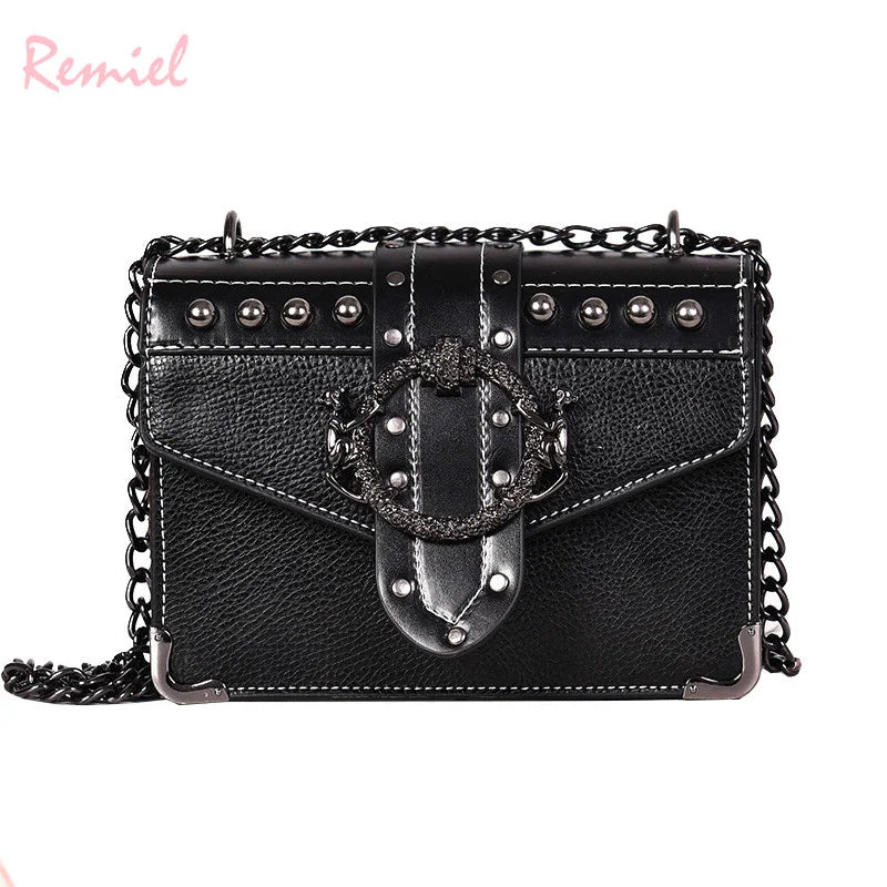 European Style PU Leather Women's Handbag with Rivet Lock and Chain Shoulder