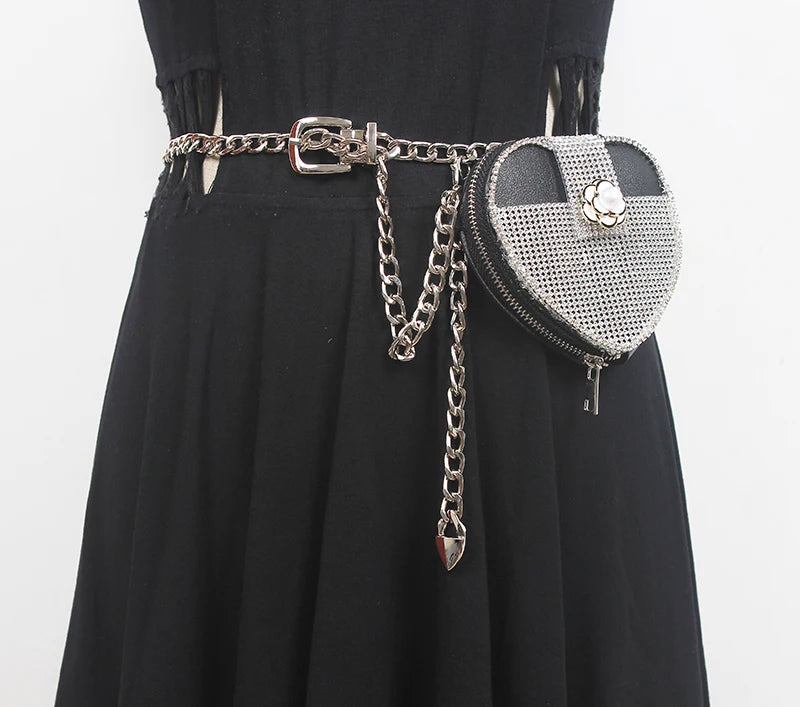 Mini Heart Waist Pack Rhinestone Chain Bag Lipstick Fanny Pack
