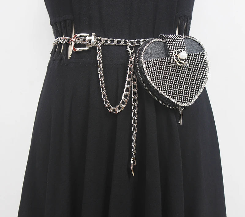 Mini Heart Waist Pack Rhinestone Chain Bag Lipstick Fanny Pack