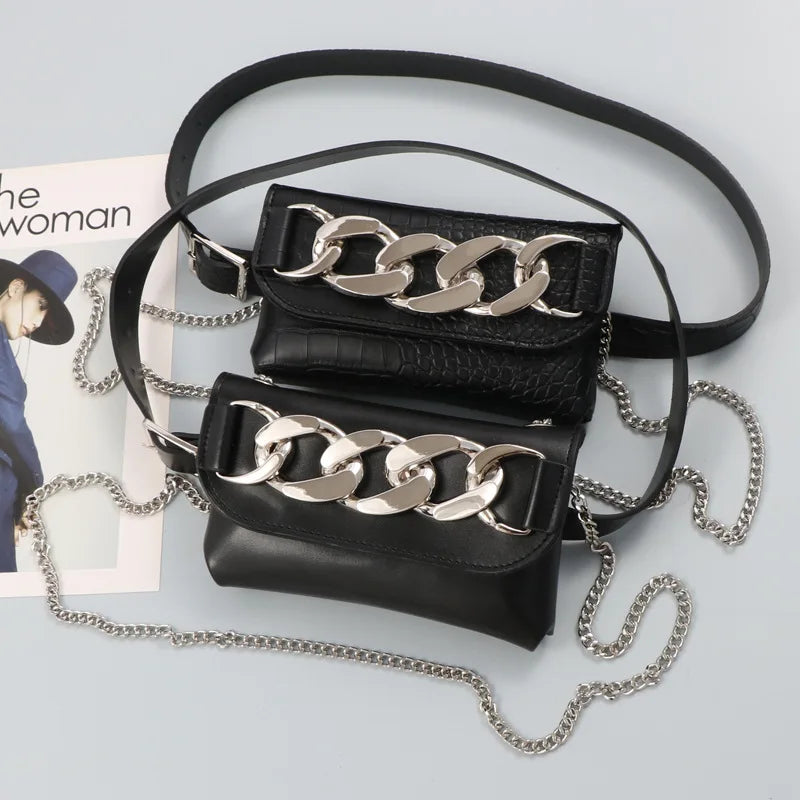 Mini Phone Waist Pack Women Chain Decorated Fanny Pack PU Leather Belt