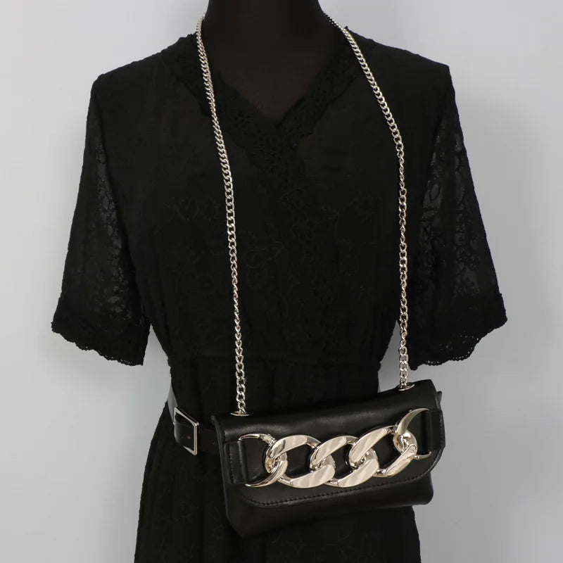 Mini Phone Waist Pack Women Chain Decorated Fanny Pack PU Leather Belt